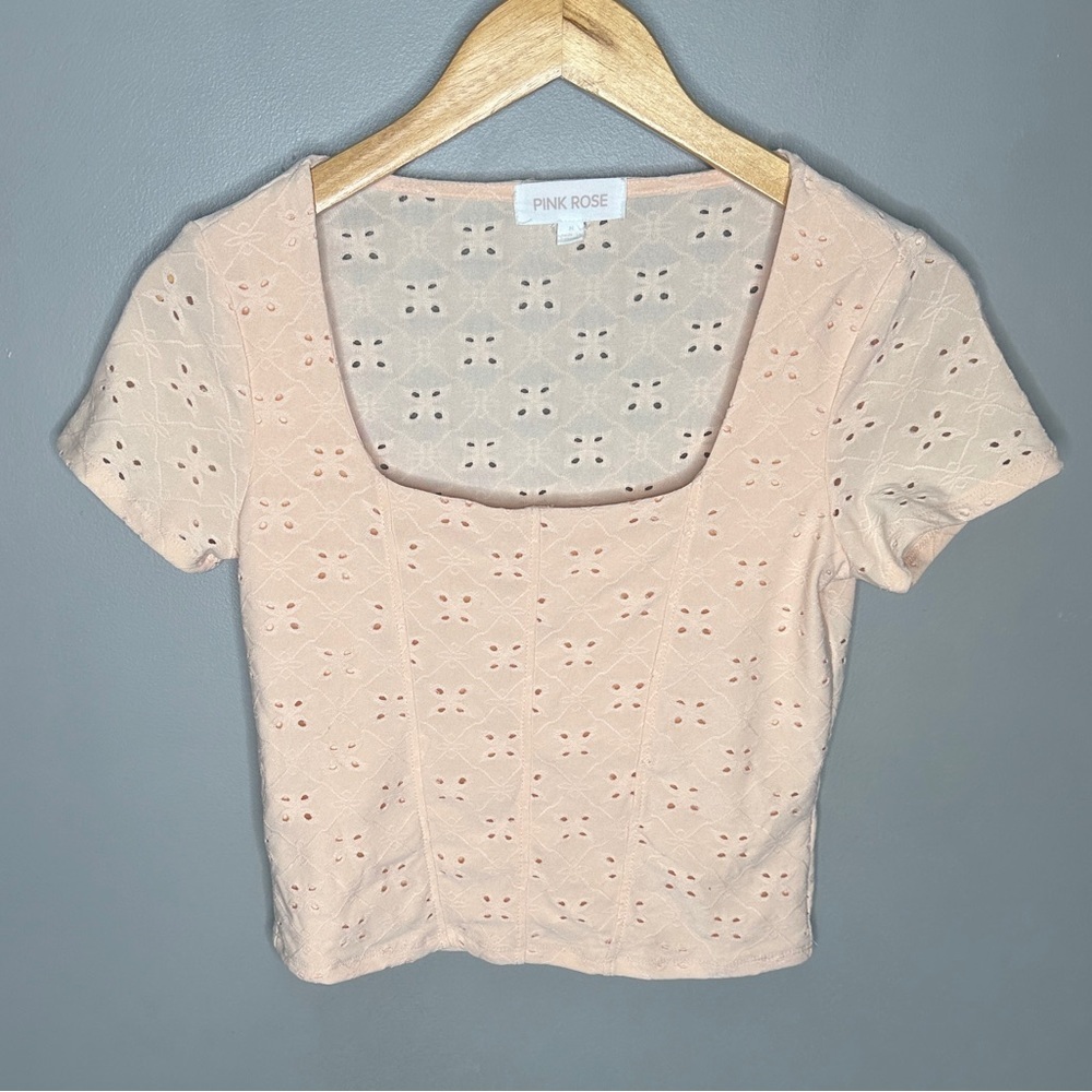 Pink rose square neck cropped floral cut out tshirt